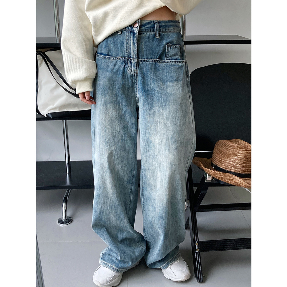 American Retro Blue Straight Pocket Jeans Women's Fashion Loose High Waist Daddy Floor Pants