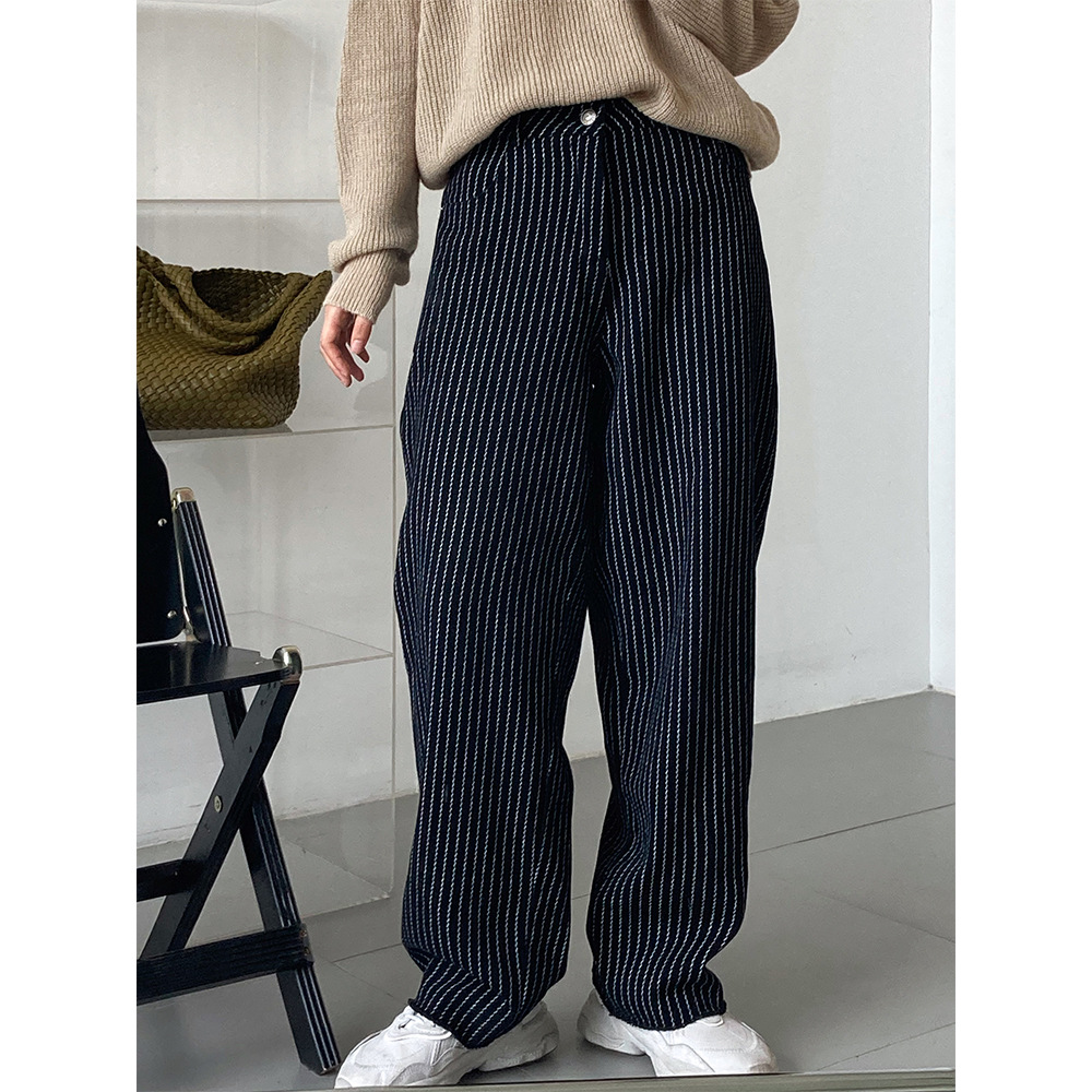 Vertical Stripe Straight Casual Pants Women's 2022 Autumn New High Waist Loose Slim Wool Edge Long P
